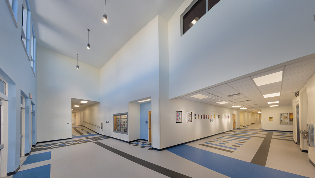 Interior design lobby view of the Plumosa School of the Arts in Delray Beach. FL. 